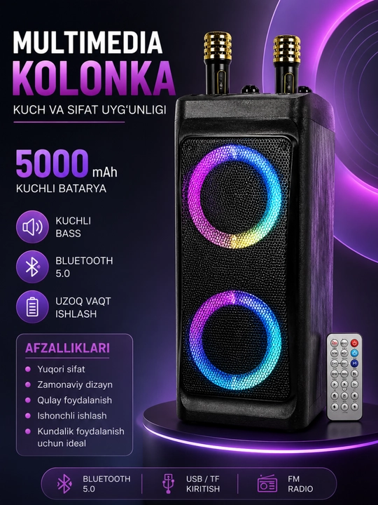 3000W Bluetooth Karaoke Kolonkasi, RGB LED, 2 ta Simsiz Mikrofon va Pult bilan - 
