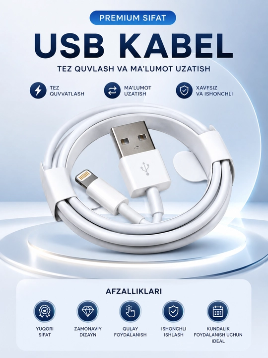 USB Lightning Quvvatlash va ma’lumotlarni uzatish kabeli - tez, mustahkam va ishonchli - 