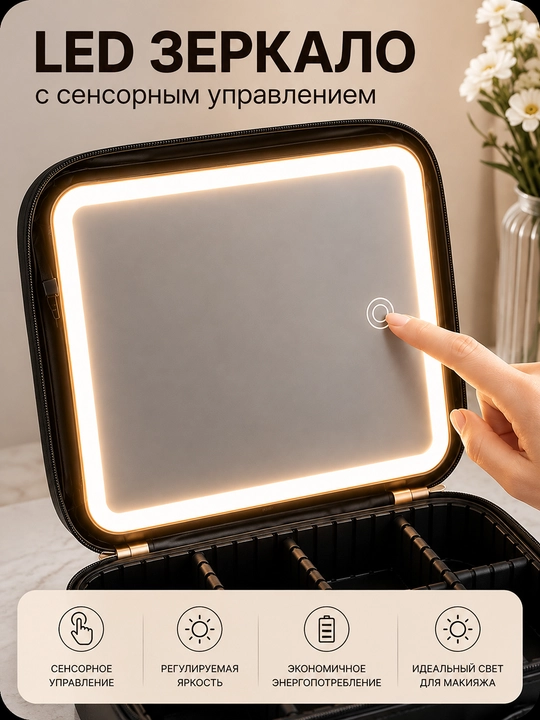 Косметичка-органайзер для хранения косметики с зеркалом и LED - 