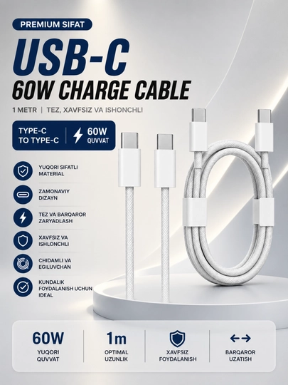USB-C 60W tezkor zaryadlovchi kabel (1 metr) - 
