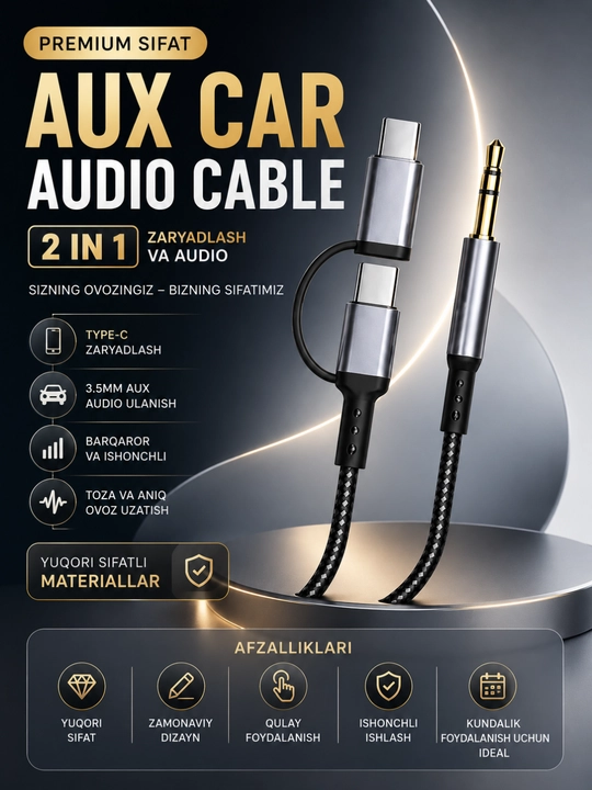 HiFiovozlivaishonchliulanishimkoniyatigaegaavtomobiluchun3,5mmliAUXkabeli-Type-C 2 ta 1 da - 