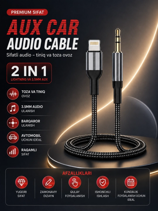 Lightning to 3.5 mm AUX Audio Kabeli iPhone uchun Avtomobil Audio Ulanish Kabeli - 