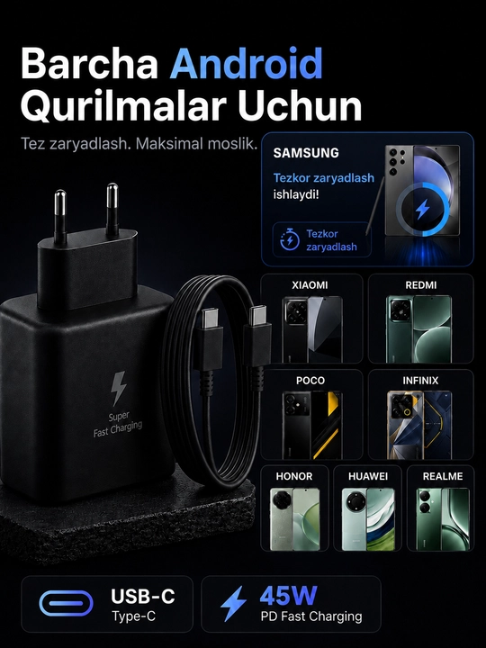 Зарядное устройство 45/120 Вт PD, USB-C, с кабелем 5A/6A – для Samsung и Xiaom