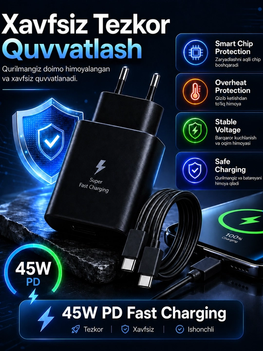 Зарядное устройство 45/120 Вт PD, USB-C, с кабелем 5A/6A – для Samsung и Xiaom