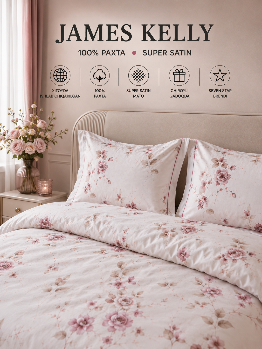 James Kelly 1 va 2 kishilik choyshab to‘plami — 100% paxta, Super Satin - 
