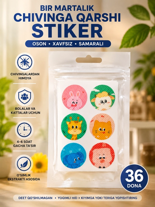 Bolalar uchun chivinga qarshi tabiiy efir moyli stiker, 4–6 soat - 