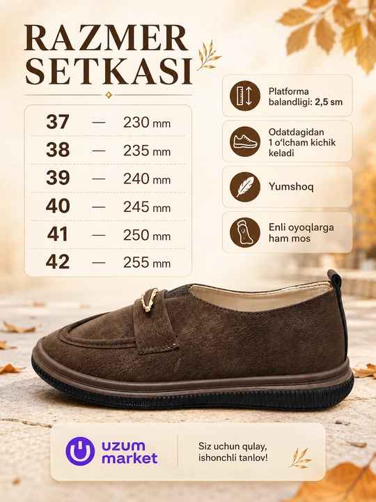 Ayollar uchun kundalik lofer, yumshoq va enli oyoqqa mos, platformali, 37–42