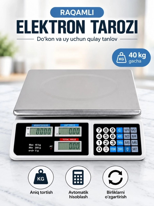 Elektron raqamli savdo tarozisi 40 kg, 5 g aniqlikda, LCD displey - 