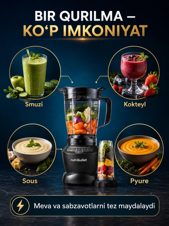 Nutribullet Blender Combo 1200 Vt, 1,8 litrli idish va yo‘l stakani bilan