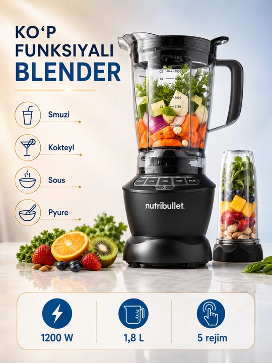 Nutribullet Blender Combo 1200 Vt, 1,8 litrli idish va yo‘l stakani bilan - 