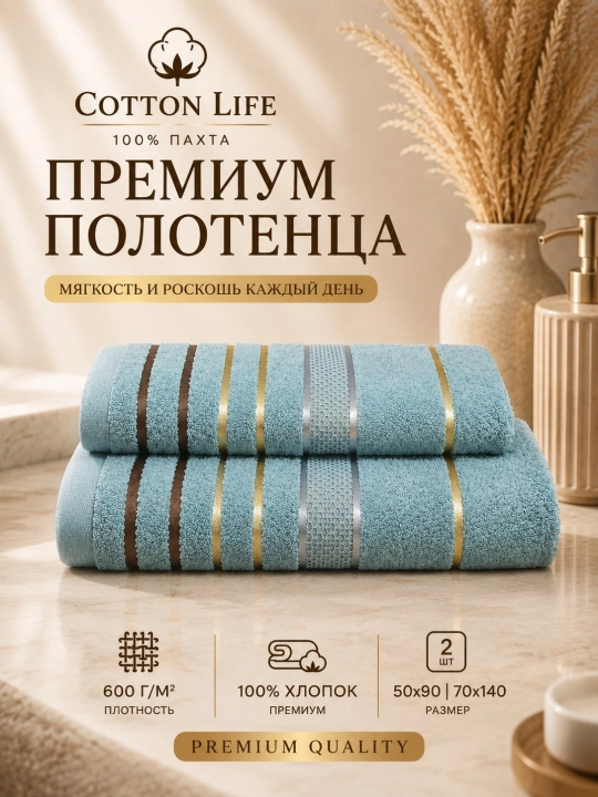 COTTON LIFE yuz va hammom sochig‘i - 600 g/m2 - 100% paxta - 50×90 - 70×140 - 