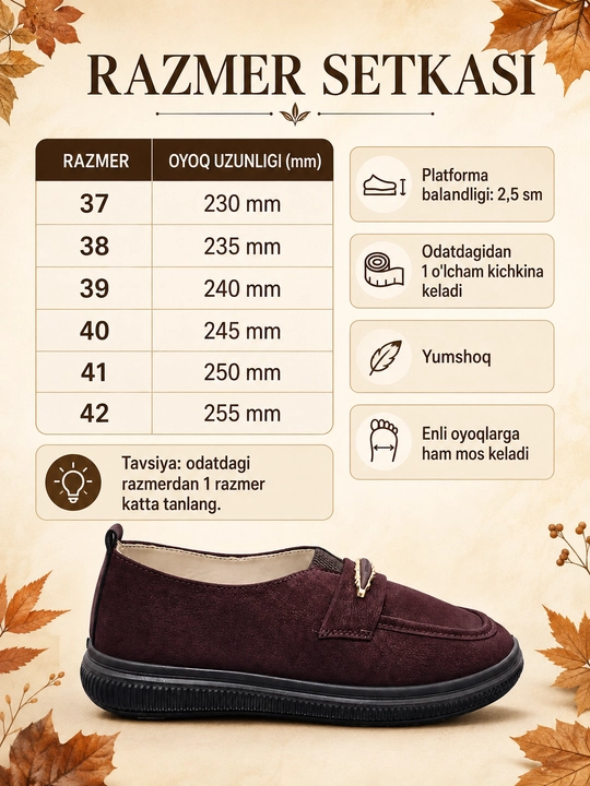 Ayollar uchun kundalik lofer, yumshoq va enli oyoqqa mos, platformali, 37–42