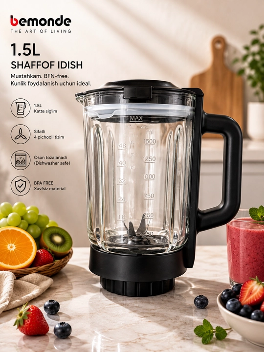 Bemonde BM-BL1051 - Statsionar blender, 2,2 litr, 1000 Vt, 6 ta po‘lat pichoq