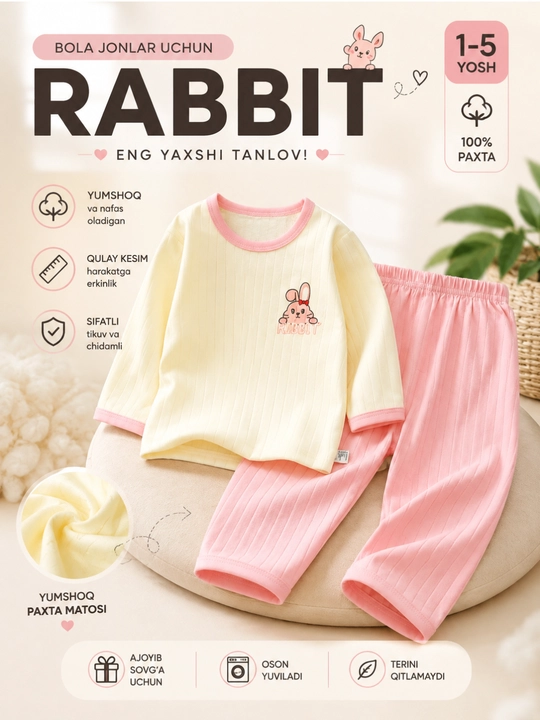 Kiyim to‘plami, paxta, uy kiyim, 1-5 yosh, pijama bollalar kiyimi - 