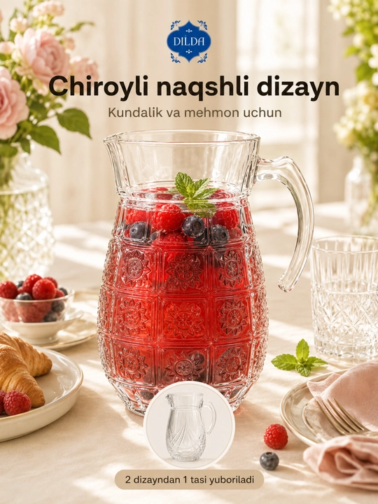 Shisha grafin dekanter metall qopqoqli suv, sharbat, limonad uchun servis idishi uyga