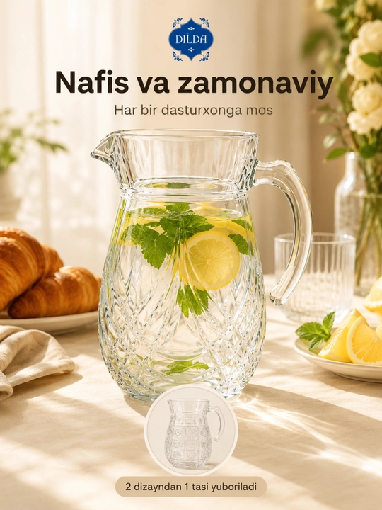 Shisha grafin dekanter metall qopqoqli suv, sharbat, limonad uchun servis idishi uyga