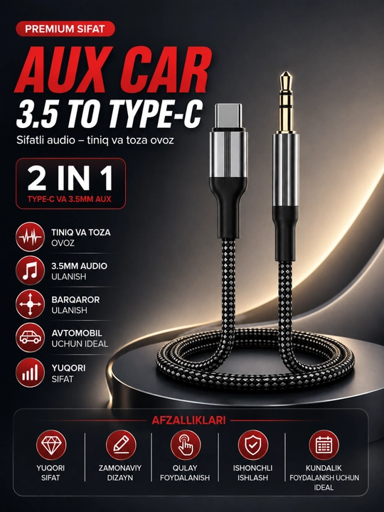 Кабель USB Type-C – AUX 3.5 мм для автомобиля Hi-Fi стерео аудиокабель - 