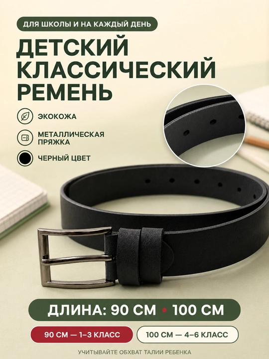 Детский классический ремень из экокожи, черный, 90 см и 100 см