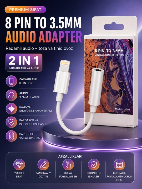IPhone 8 Pin dan 3.5 mm Audio Adapteri – Tiniq Ovoz va Barqaror Ulanish Kabeli - 