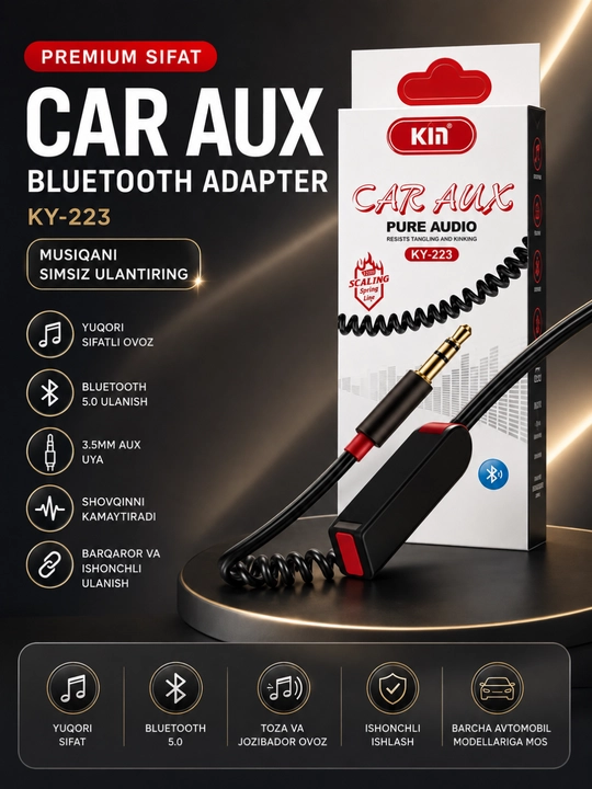 Avtomobil uchun 3,5 mm li Bluetooth AUX audio adapteri - tiniq ovoz va barqaror aloqa - 