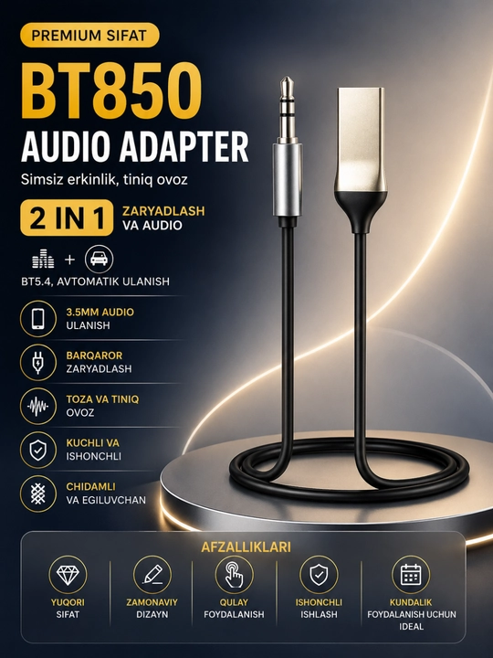 Avtomobil va uy audio tizimi uchun BT850 Bluetooth AUX 3.5 mm audio adapteri - 