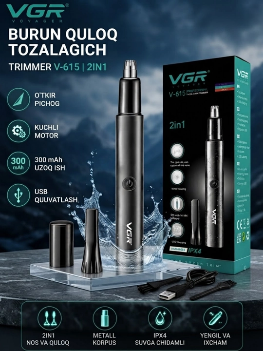 Burun va quloq trimmer VGR-613, 615 erkaklar uchun trimmer, soqol va qosh uchun, simsiz - 