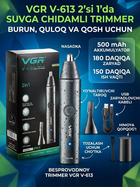 Burun va quloq trimmer VGR-613, 615 erkaklar uchun trimmer, soqol va qosh uchun, simsiz - 