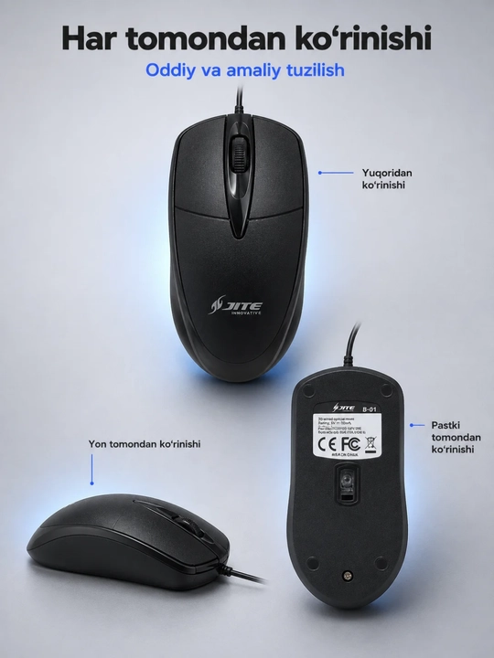 JITE B-01 simli optik kompyuter sichqonchasi, USB kabel, qora