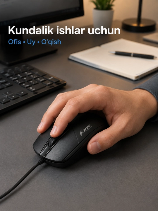 JITE B-01 simli optik kompyuter sichqonchasi, USB kabel, qora