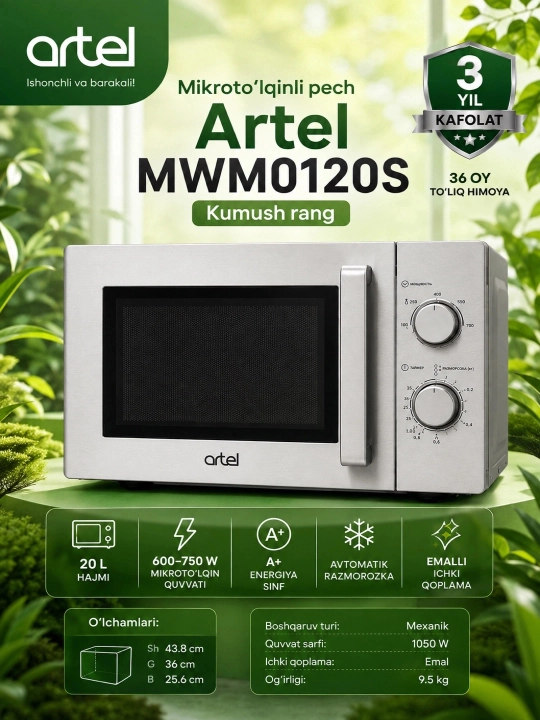 Mikroto'lqinli pech Artel MWM0120S, Kumush rang - 