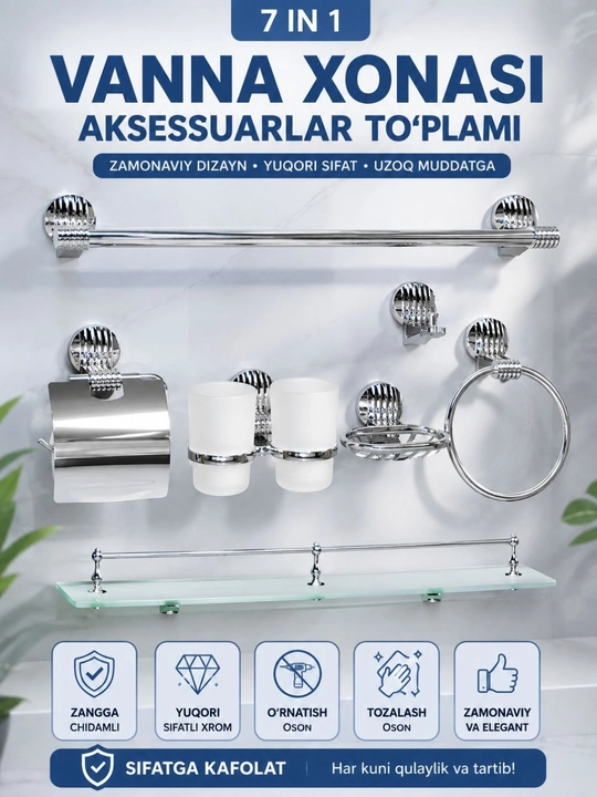 Vanna aksessuarlari, hammom to‘plami, 7 tasi 1 da, xrom aksessuarlar - 