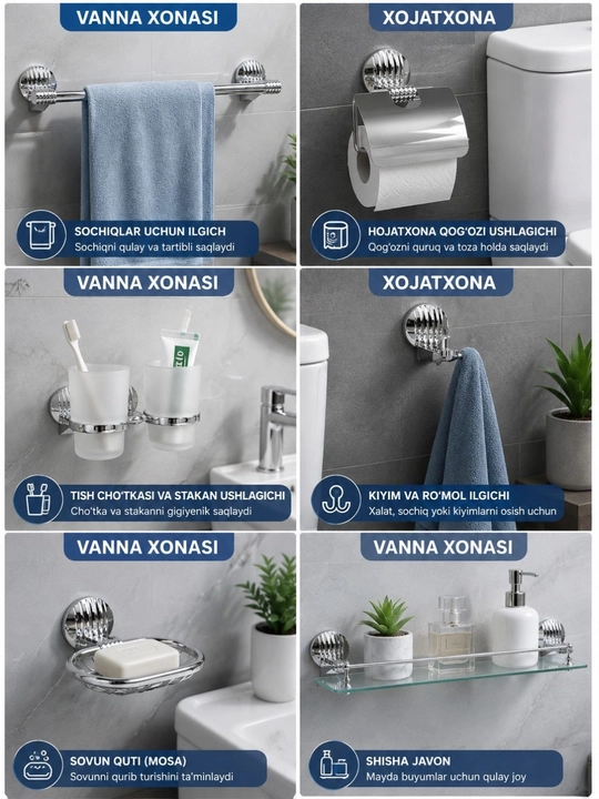 Vanna aksessuarlari, hammom to‘plami, 7 tasi 1 da, xrom aksessuarlar