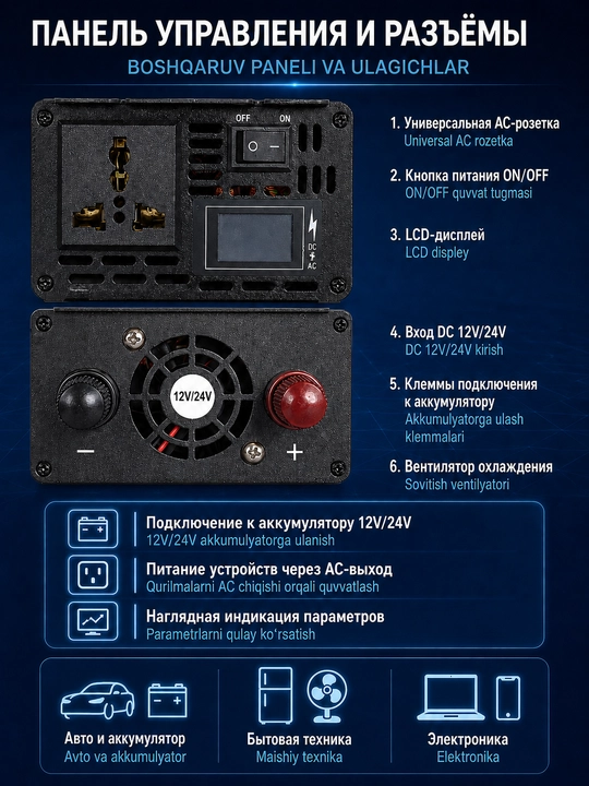 Avtomobil invertori 12V / 24V – 220V, sof sinus to‘lqinli, quyosh panellari va AKB uchun