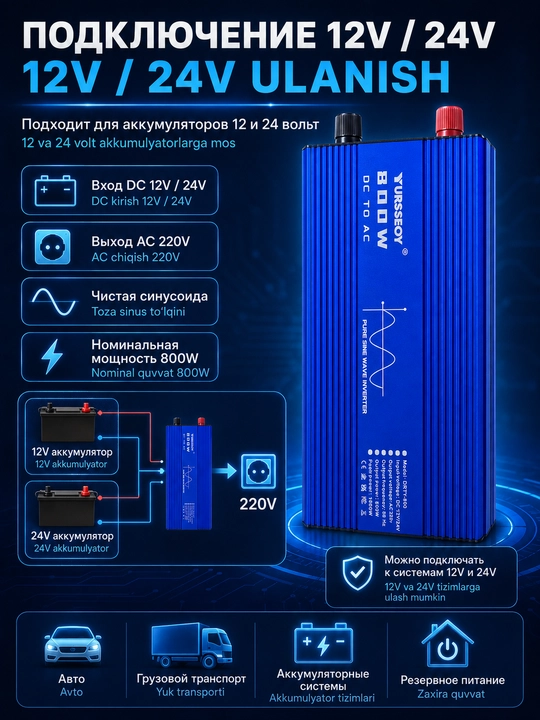 Avtomobil invertori 12V / 24V – 220V, sof sinus to‘lqinli, quyosh panellari va AKB uchun