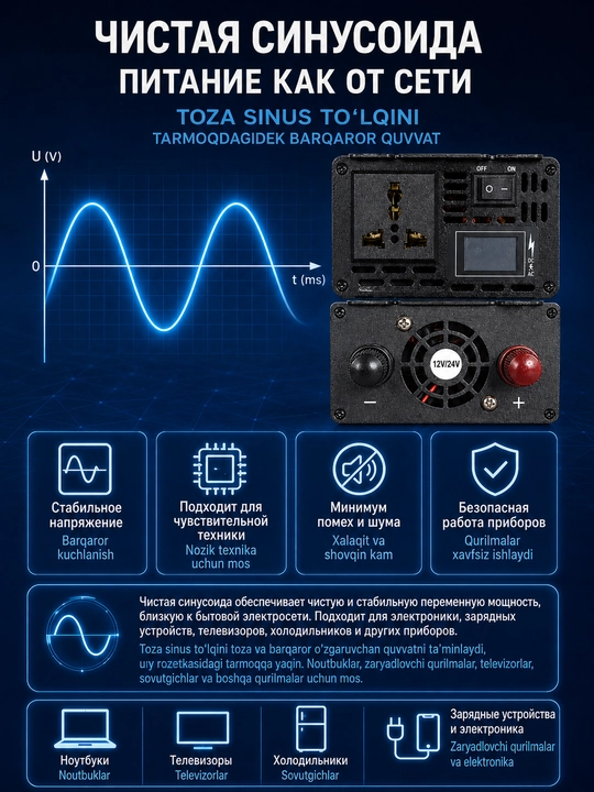Avtomobil invertori 12V / 24V – 220V, sof sinus to‘lqinli, quyosh panellari va AKB uchun