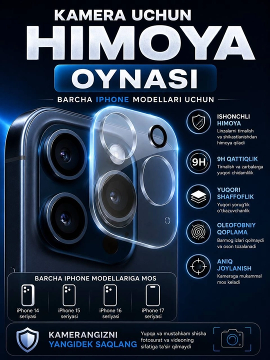 iPhone kamerasi uchun himoya oynasi 14 pro, 14 pro max,  13 pro max, 13 pro