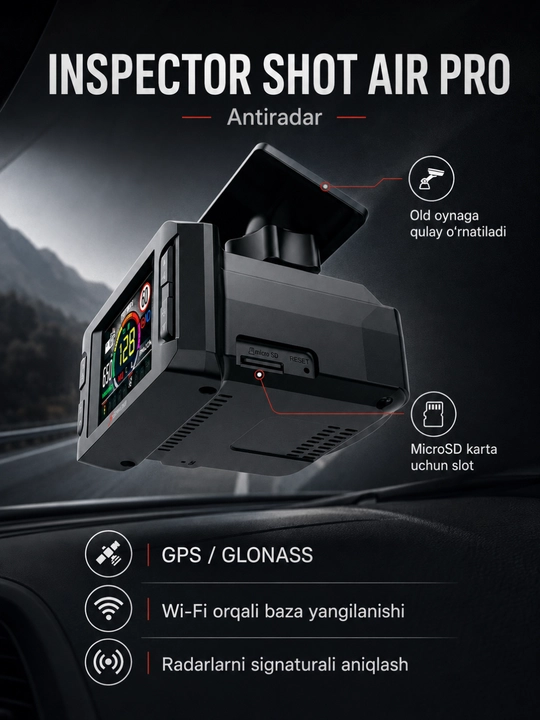 Сигнатурный радар-детектор Inspector Shot Air Pro, Wi-Fi, LNA усилитель, база Узбекистана