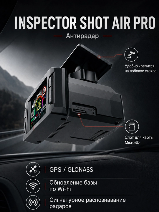 Сигнатурный радар-детектор Inspector Shot Air Pro, Wi-Fi, LNA усилитель, база Узбекистана