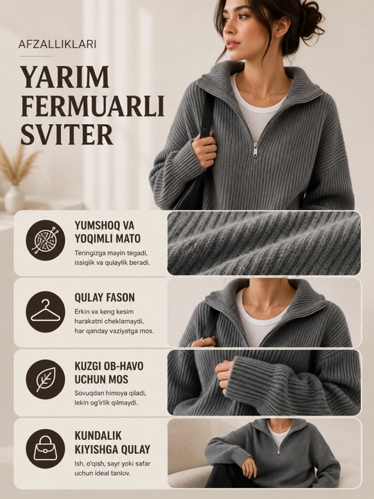 Oversize kofta poluzamok ayollar uchun, qishki sviter