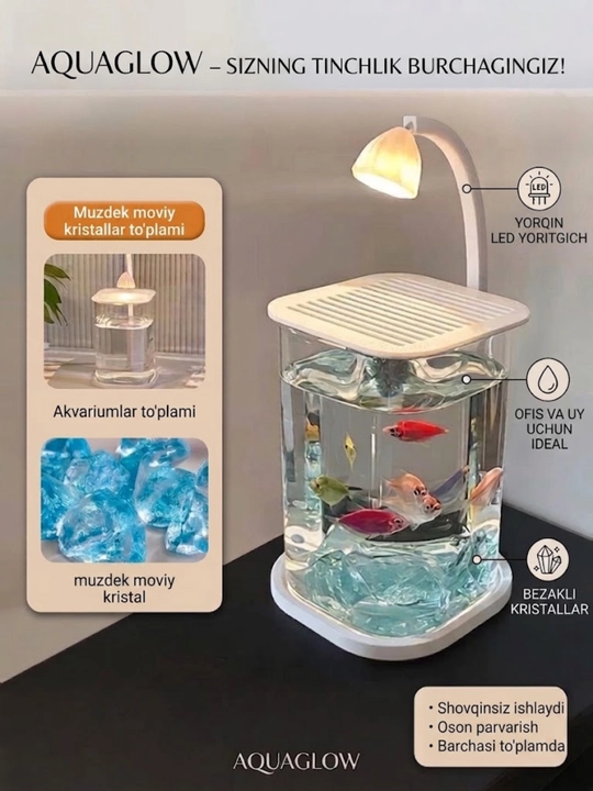 Mini akvarium, Stol usti mini akvariumi, LED yoritgich, moviy kristallar bilan, AquaGlow - 