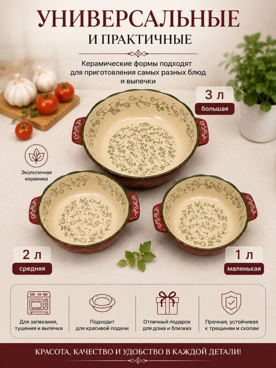 Керамическая форма для запекания 2 л, универсальная