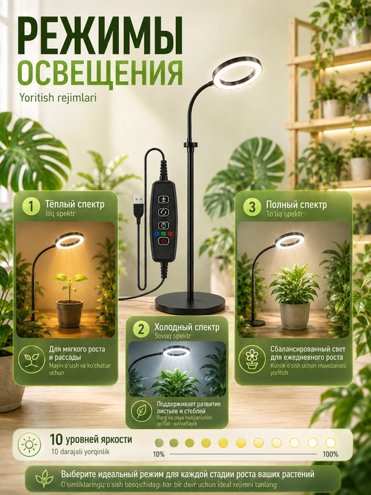 Фитолампа полного спектра напольная с пультом, таймером, регулировкой высоты и яркости