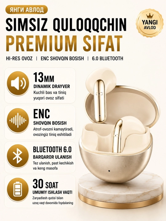 Qisheng simsiz quloqchinlari Bluetooth 6.0, AI ENC, 13 mm, 6 mikrofon, IPX4 - 