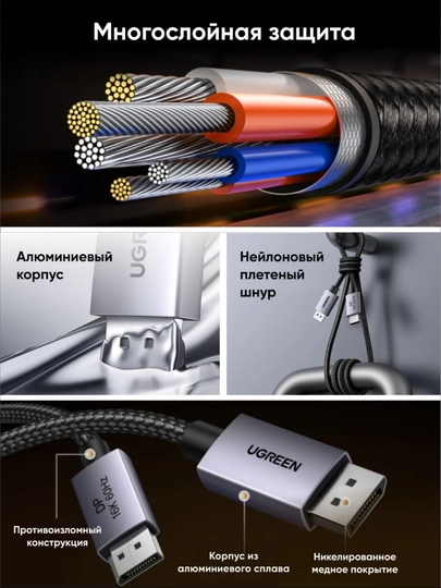 Кабель UGREEN DisplayPort 2.1 16K60Гц 80Гбит/c DP131