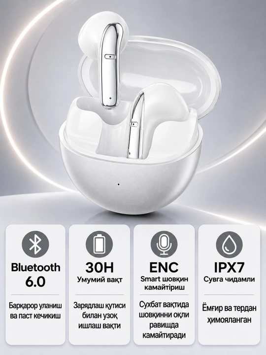 Qisheng simsiz quloqchinlari Bluetooth 6.0, AI ENC, 13 mm, 6 mikrofon, IPX4 - 