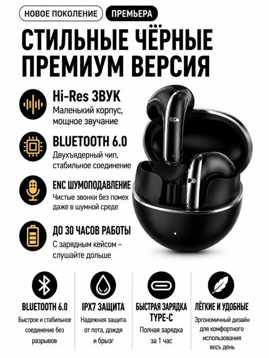 Qisheng simsiz quloqchinlari Bluetooth 6.0, AI ENC, 13 mm, 6 mikrofon, IPX4