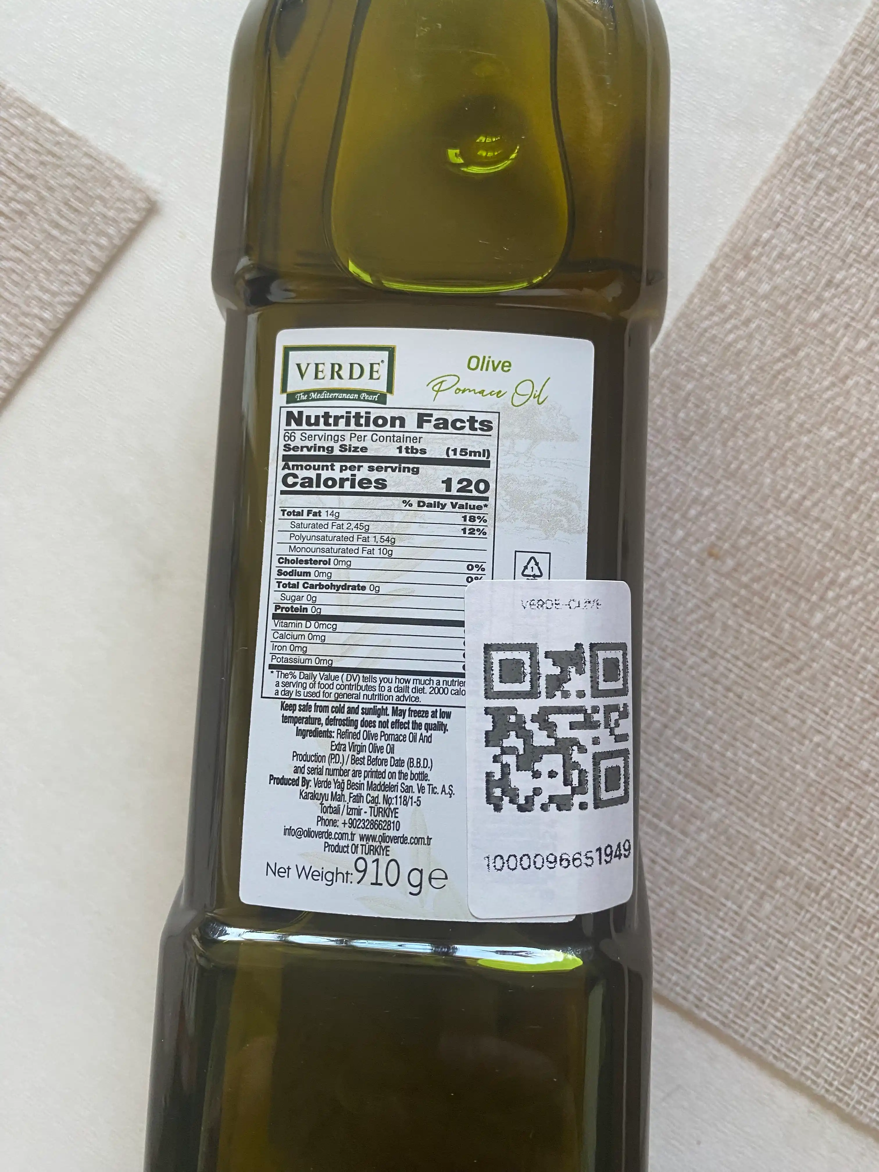 Olive Verde Pomace Oil zaytun yog'i, tozalangan, tovurish va salatlar, 1 litr