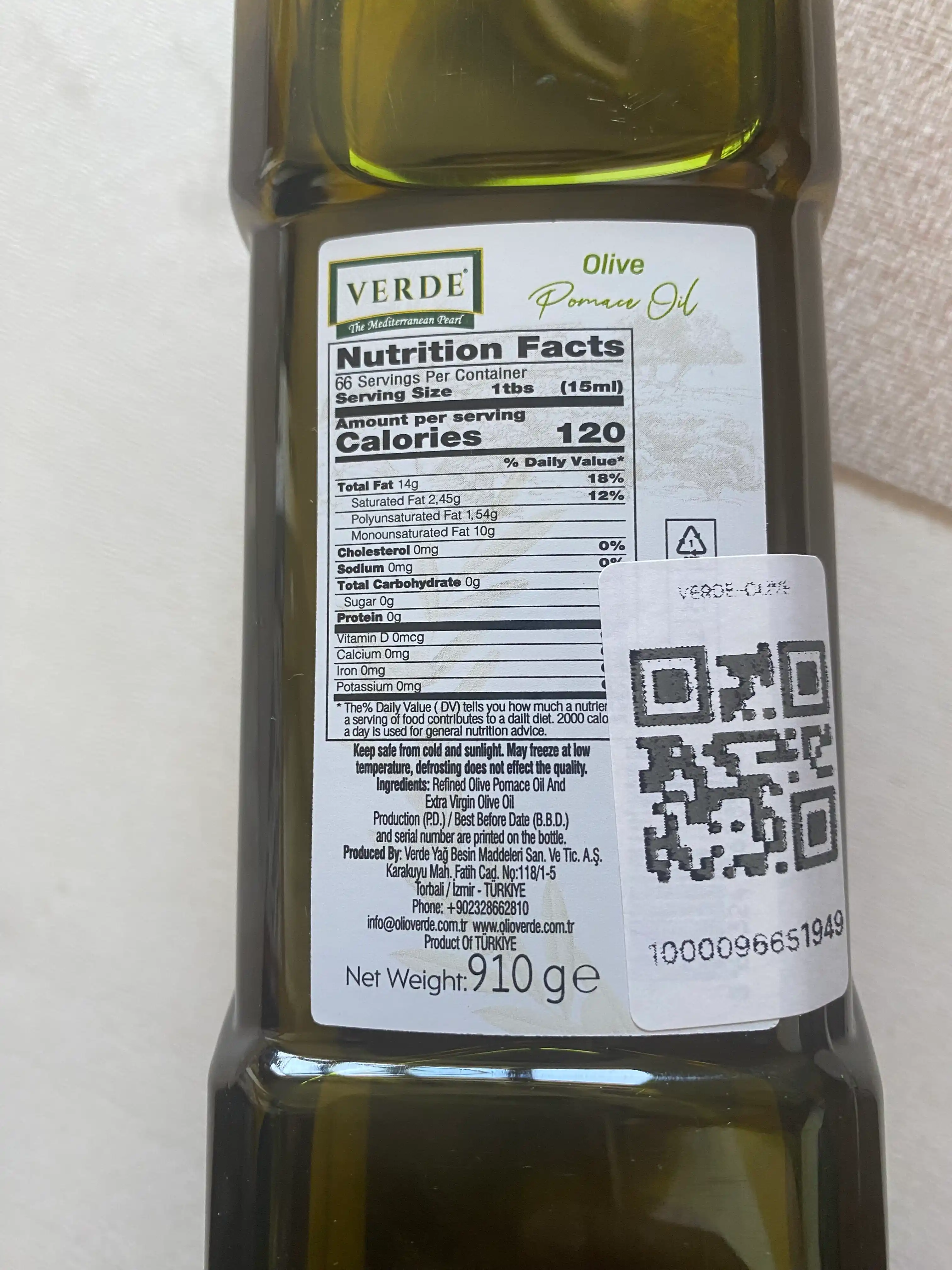 Olive Verde Pomace Oil zaytun yog'i, tozalangan, tovurish va salatlar, 1 litr