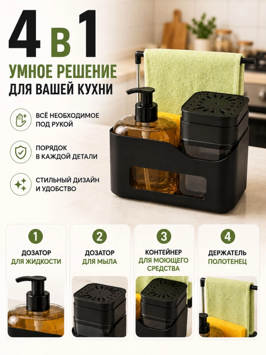Idish yuvish vositasi uchun gubkali oshxona dispenser-organayzeri, ko‘p funksiyali dozator