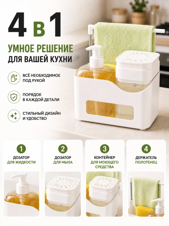Диспенсер кухонный органайзер для моющего средства с губкой, многофункциональный дозатор